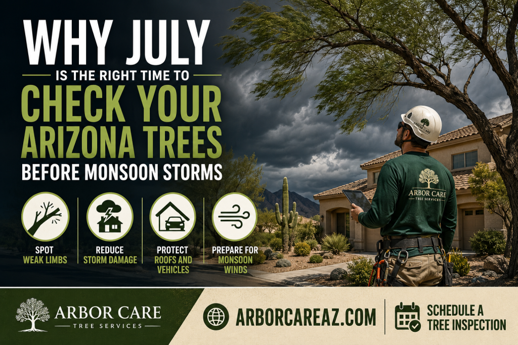 July monsoon storms can expose weak branches, heavy canopies, leaning trees, and poor pruning cuts. Arbor Care helps Phoenix Valley homeowners prepare trees before storm damage becomes expensive.